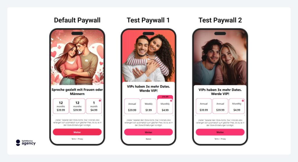 A comparison between the default and test paywall introduced during Basechat, for SplitMetrics Paywall Optimization case study