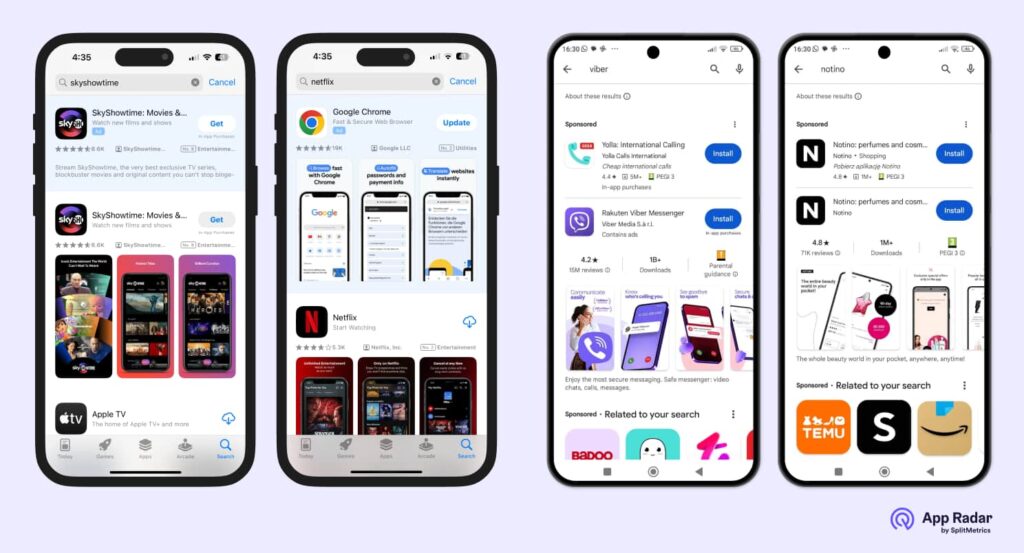 A comparison between search results on the App Store and Google Play.