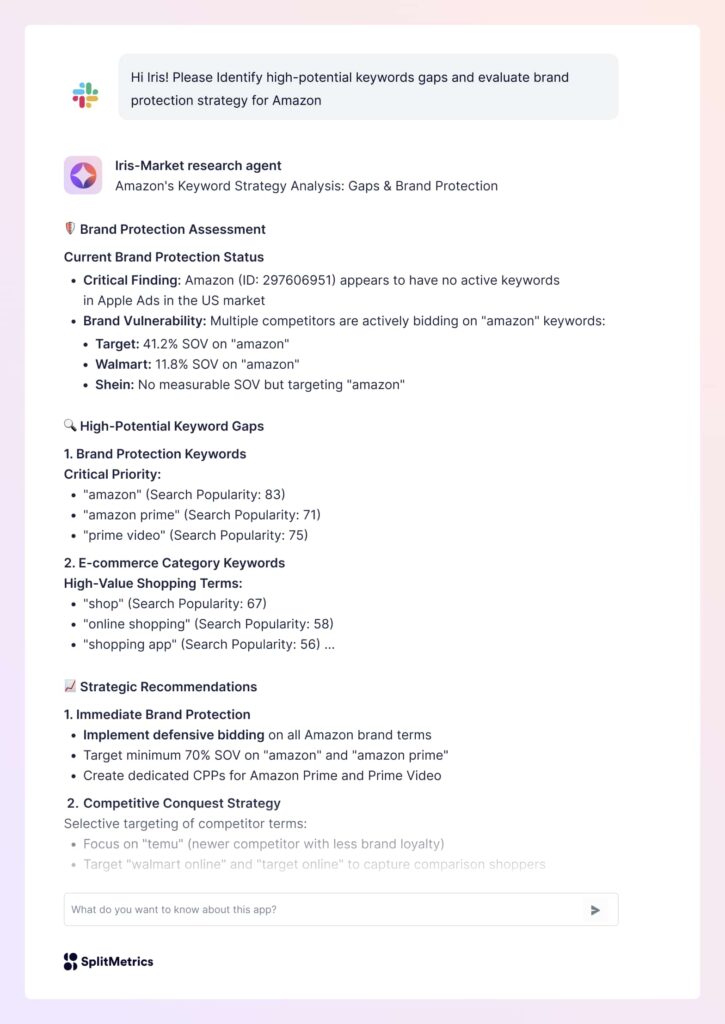 Apple Ads AI agent market research results for Amazon mobile app