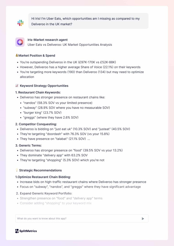 Apple Ads AI agent market research results for Uber mobile app