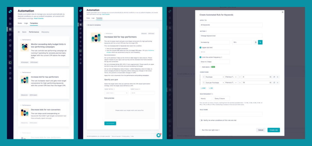 The process of creating an Apple Ads automation rule with a template in SplitMetrics Acquire