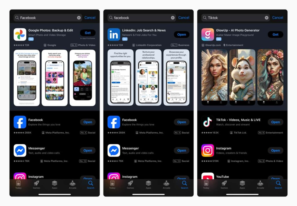 An example of Apple Ads search results ads of competitors appearing on top of branded organic search results.