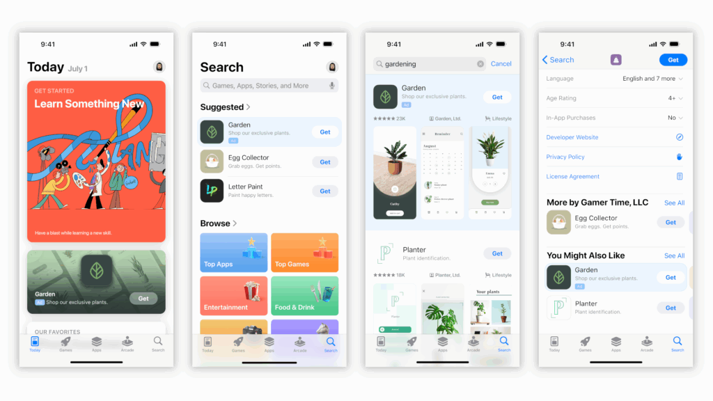 All Apple Ads placements, Today tab, search tab, search results, product page