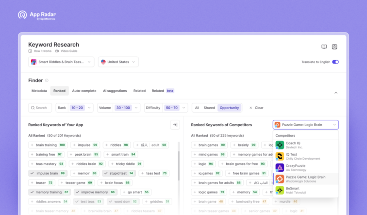 App keyword research with App Radar