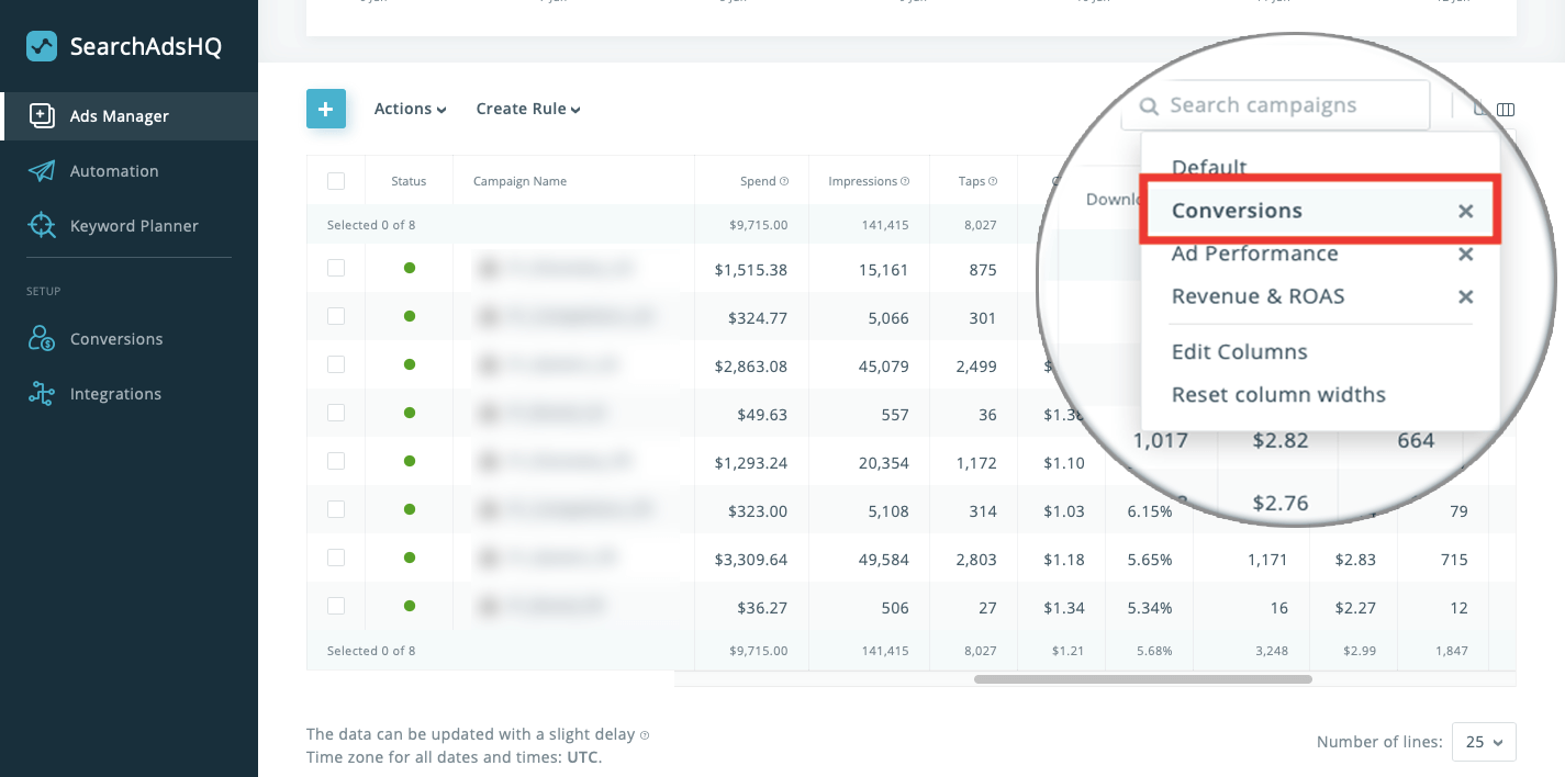 Apple Ads management: switching between presets