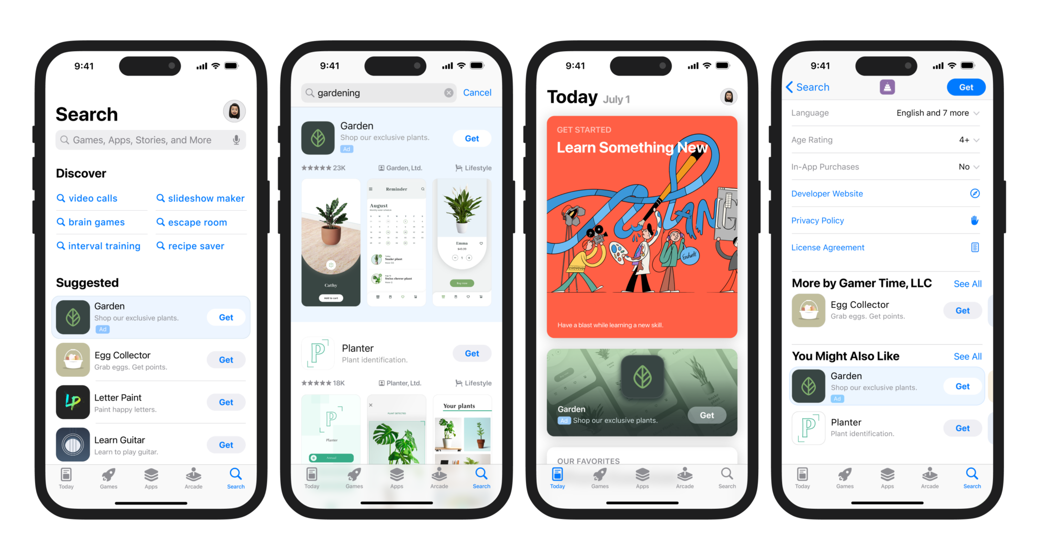 Apple Ads placements, left to right: Search tab ad, Search result ad, Today tab ad, product page ad. Official Apple Ads partner resources for SplitMetrics.